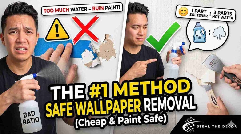 Hand spraying a scored wallpaper section with a DIY fabric softener and hot water solution from a 32-ounce bottle.