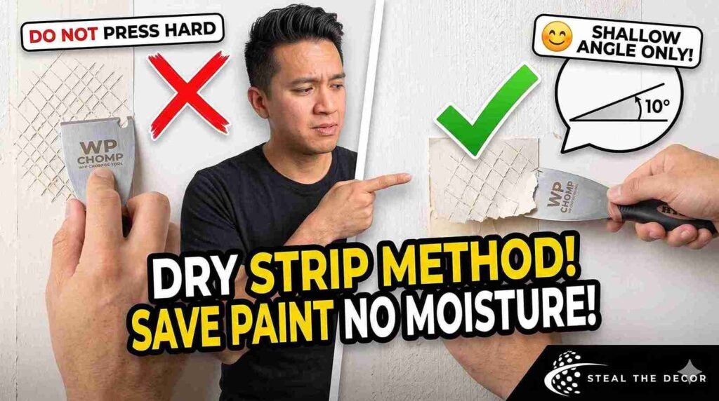 A wallpaper scoring tool being gently rolled in a crosshatch pattern over wallpaper without scratching the drywall.