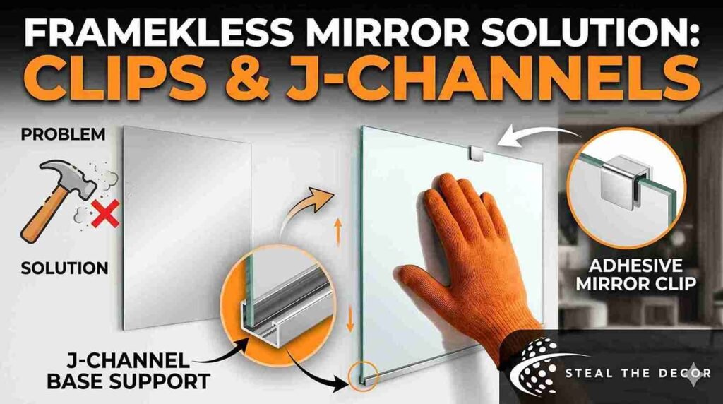 A sleek frameless mirror held securely by clear plastic mirror clips on the top and bottom edges