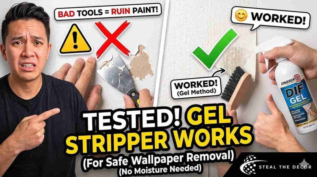 Applying Zinsser DIF wallpaper stripper gel to a stubborn corner seam using safety gloves in a ventilated room.