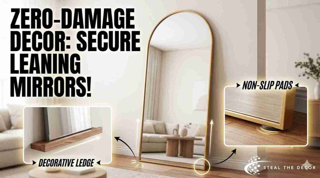 A massive full-length arch mirror leaning elegantly against a bedroom wall with rubber pads underneath.