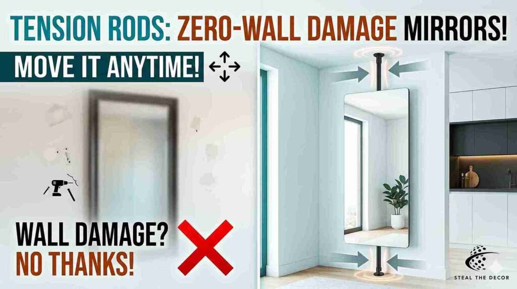 A modern floor-to-ceiling tension pole system holding a mid-weight full-length mirror in an apartment corner