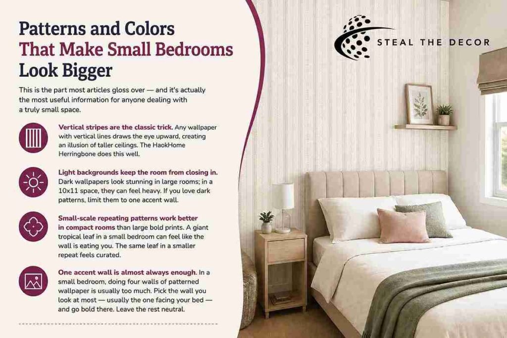 best aesthetic removable wallpapers for small bedrooms showing vertical stripes and light color patterns to make small room look bigger