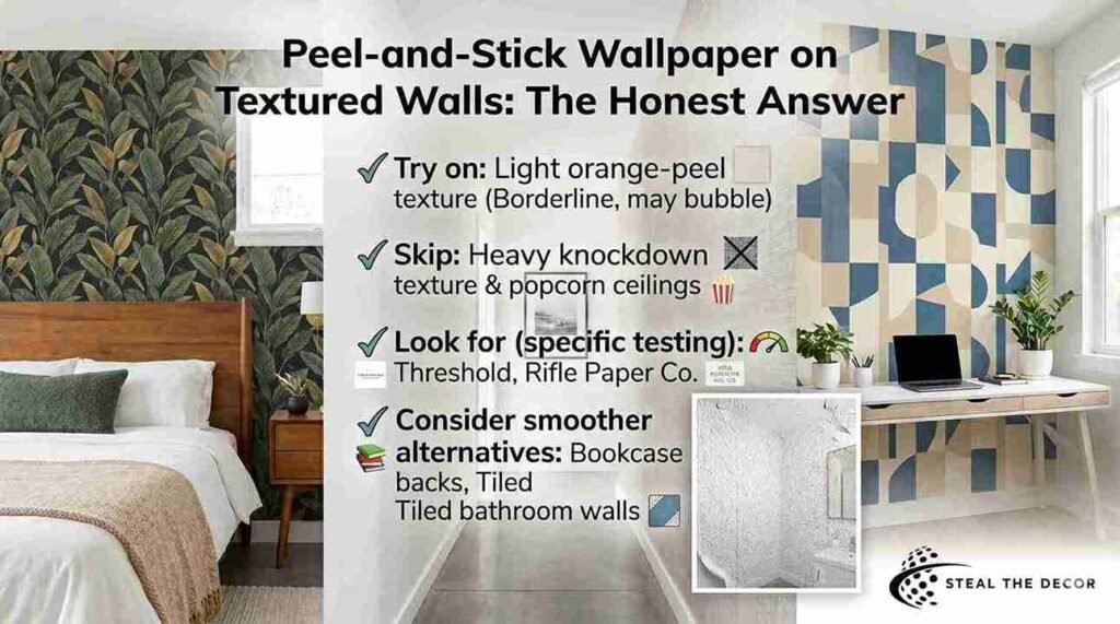 Honest analysis of peel-and-stick wallpaper on textured surfaces, showing borderline results on orange-peel vs. failure on heavy knockdown.