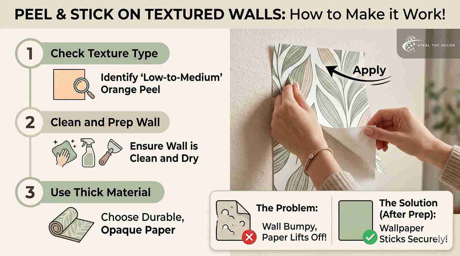 "Applying peel-and-stick wallpaper on textured walls with a light orange peel finish."