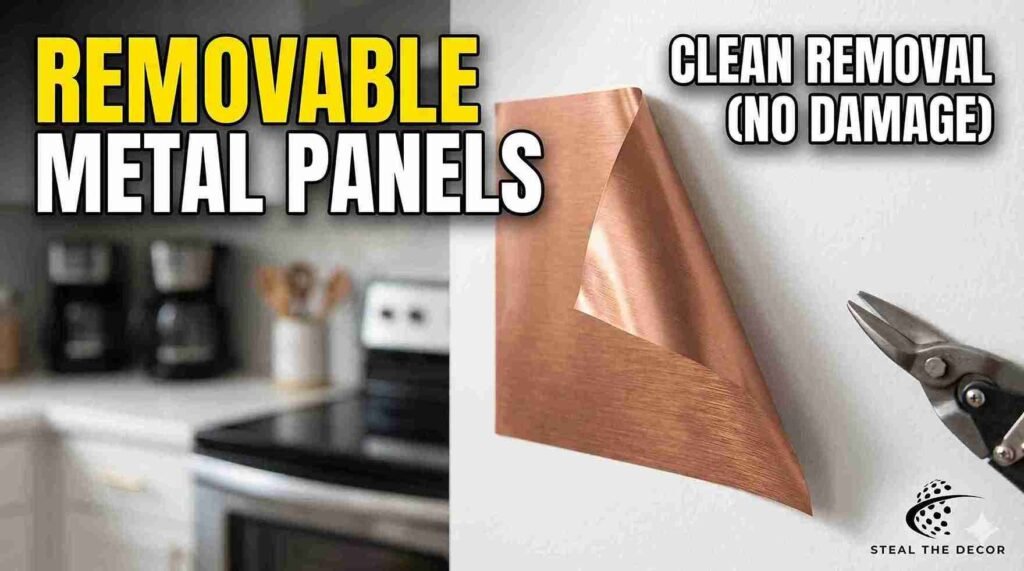 Aspect peel and stick metal backsplash panels in brushed copper behind a coffee maker.