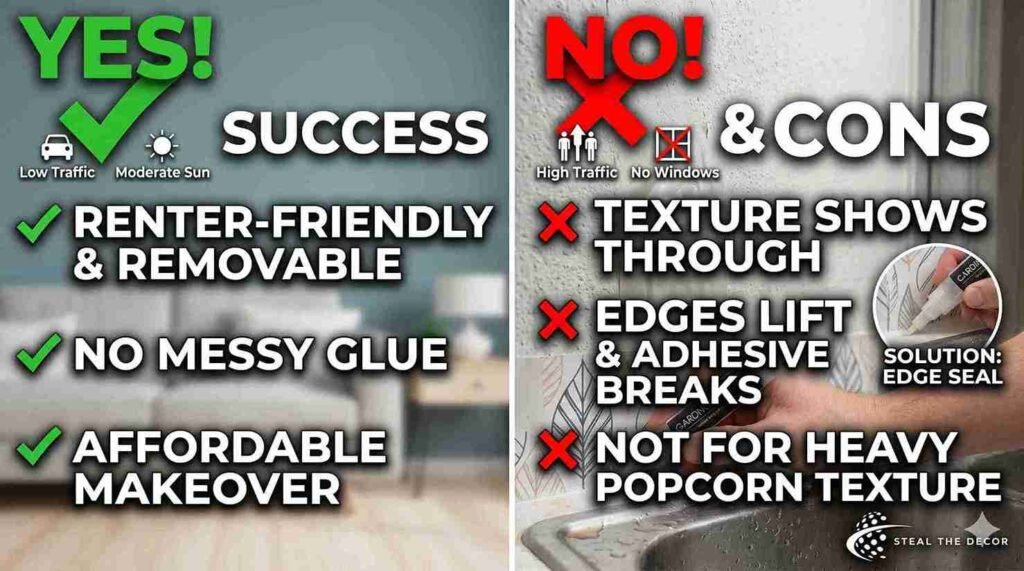 "Overlapping seams by 1/16 inch when installing peel-and-stick wallpaper on textured walls to prevent gaps."
