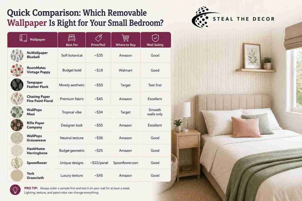best aesthetic removable wallpapers for small bedrooms comparison chart with price design and wall safety guide