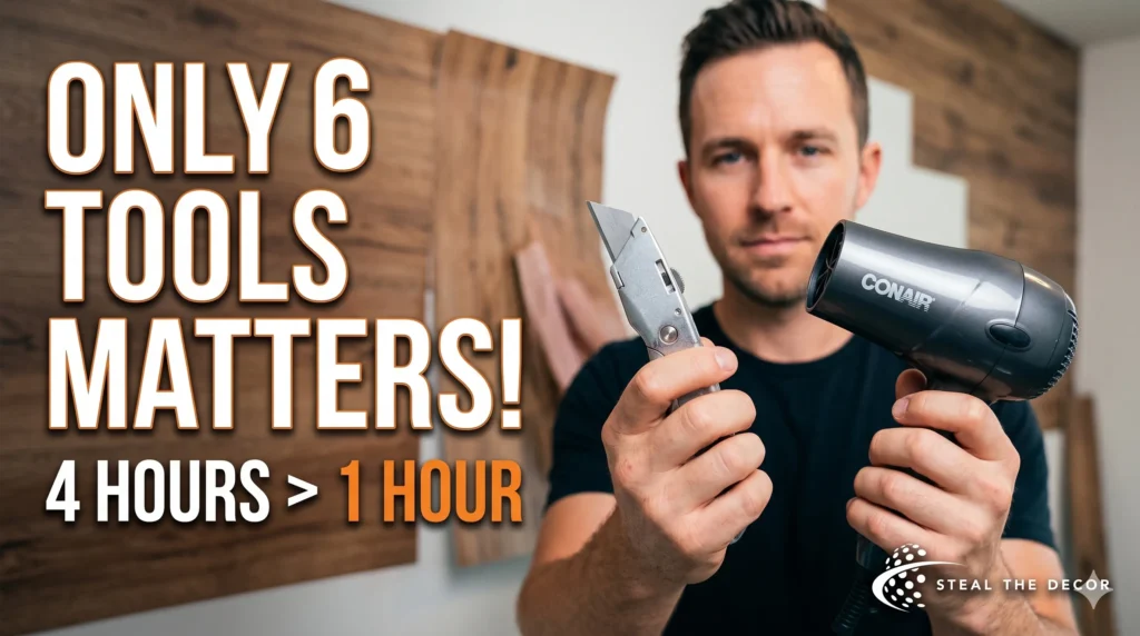 Essential DIY tools needed for installing peel-and-stick wood planks including utility knife and J-roller.