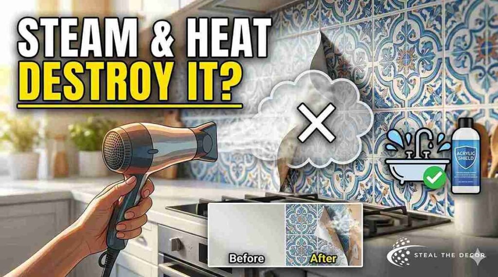 RoomMates peel and stick wallpaper with a faux encaustic tile pattern in a kitchen.