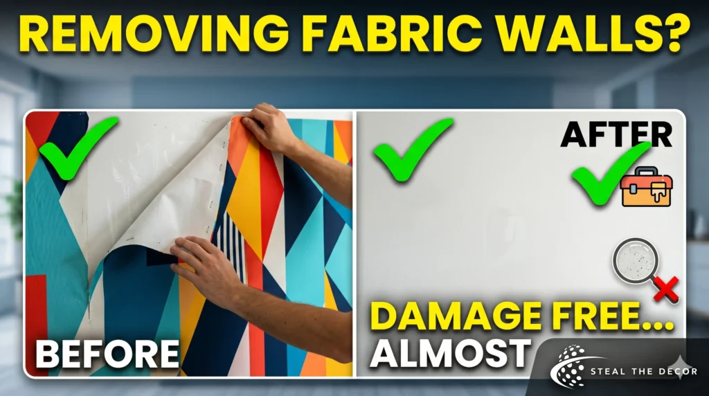 A person easily peeling away a full sheet of starched fabric as wallpaper from a rental wall without damage.