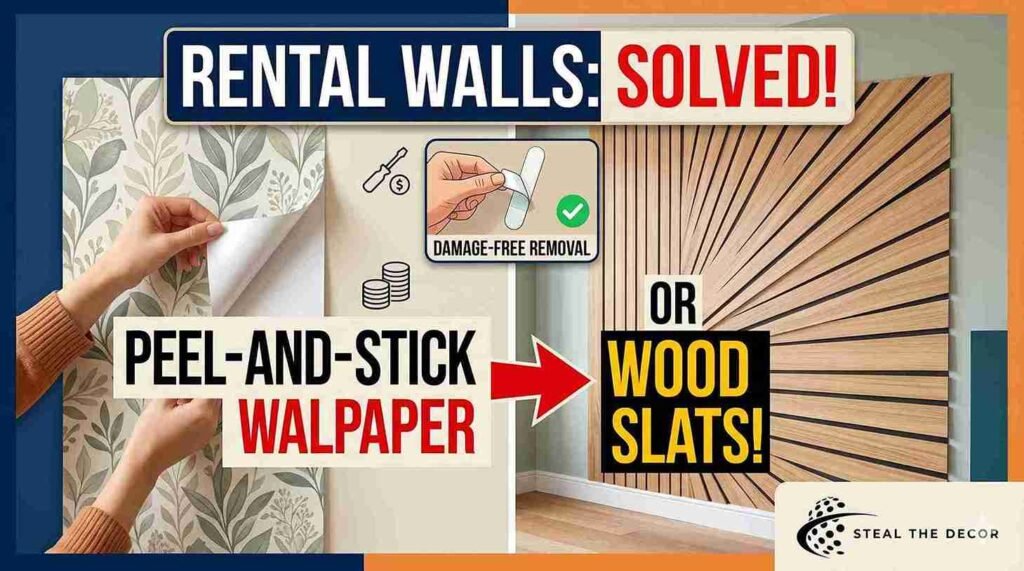 Installing peel-and-stick wood slats in a bedroom as part of architectural rental-friendly accent wall ideas.