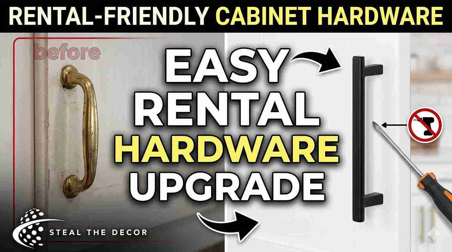 Original builder-grade kitchen cabinet handles before replacing kitchen handles