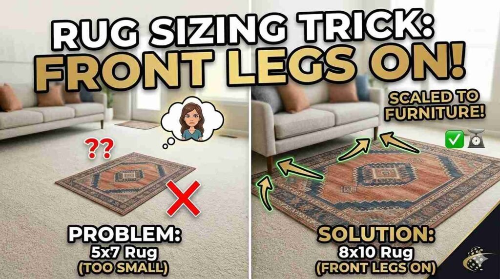 An 8x10 rug size guide diagram showing the correct placement of furniture legs on a layered rug.