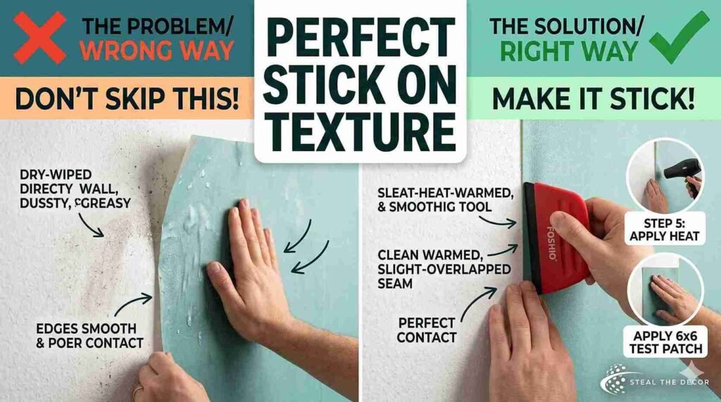 "A 6x6 inch sample patch testing the adhesion of peel-and-stick wallpaper on textured walls."