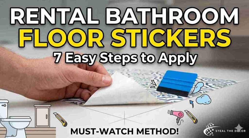 Prepping floor surface and learning how to apply vinyl floor stickers in a rental bathroom setup.