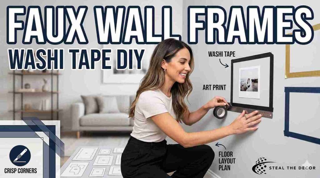 Applying a straight strip of 10mm black washi tape to create faux wall frames around a photo print.