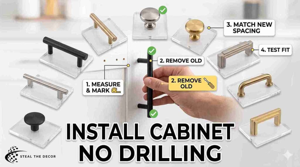 "Installing new cabinet hardware using original screw holes"