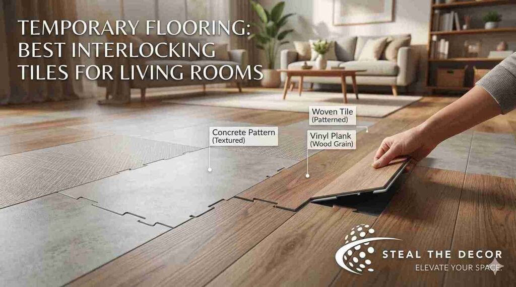 A bright modern living room featuring clean interlocking vinyl floor tiles over an old subfloor.