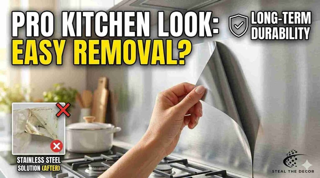 Broan-NuTone stainless steel backsplash panel installed behind a gas stove range.