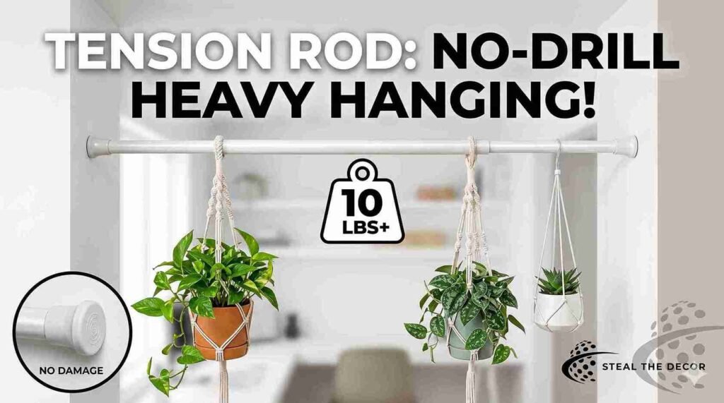 Curtain rod bracket hack for hanging plants from the ceiling without drilling.