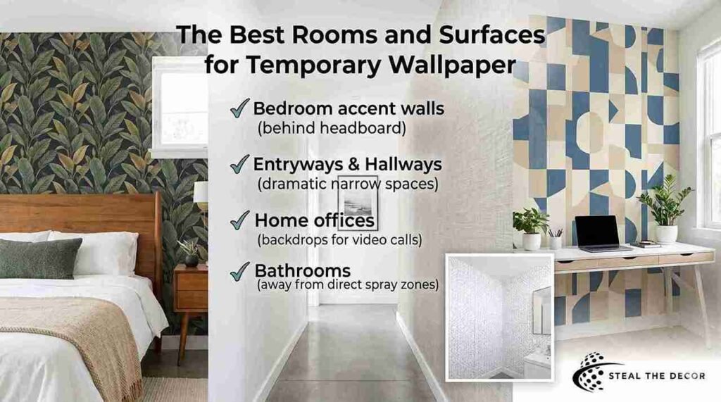 Interior design feature showing peel-and-stick wallpaper used successfully in a bedroom accent wall, hallway, home office, and bathroom.