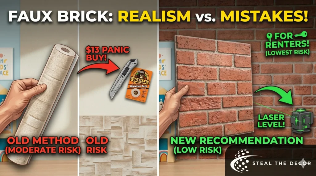 Using a utility knife to precisely cut removable brick wallpaper around an electrical outlet