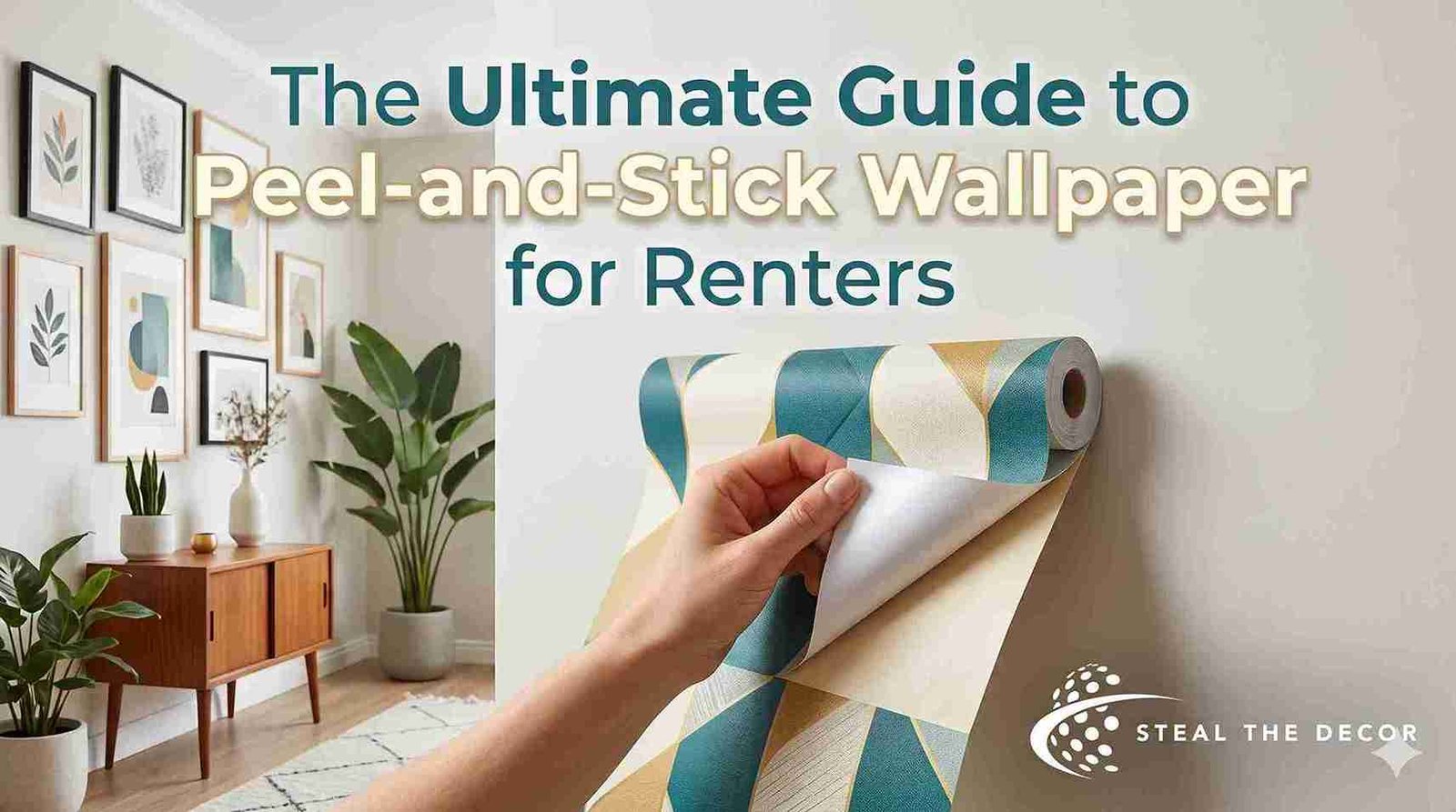 A hand carefully peeling and applying patterned, renter-friendly geometric peel-and-stick wallpaper to a clean, modern apartment wall.