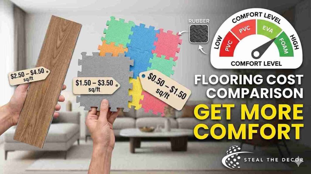 Cheap interlocking EVA foam puzzle tiles showing separating seams under a living room couch.