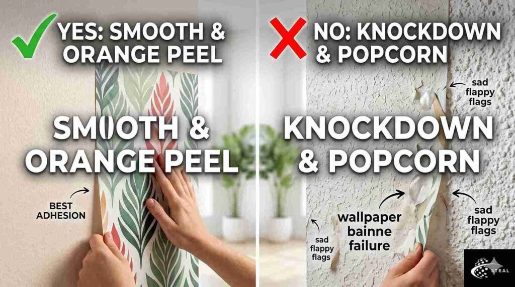 "Using a plastic smoothing tool to secure peel-and-stick wallpaper on textured walls properly."