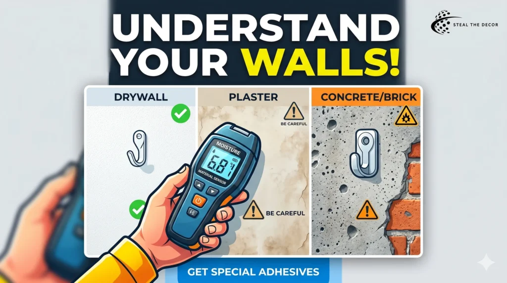 Heavy-duty Command strips and adhesive tools layout used for hanging large-scale wall art safely on rental apartment walls