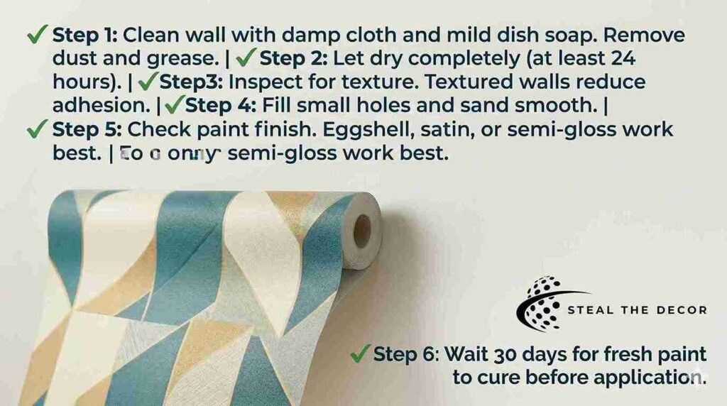 A checklist overlay on a wall displaying six essential wall preparation steps for successful peel-and-stick wallpaper application.