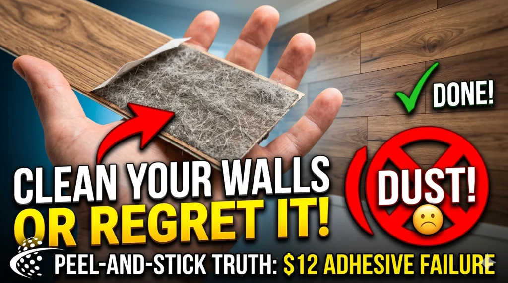 Cleaning apartment wall dust with isopropyl alcohol before applying peel-and-stick wood planks.