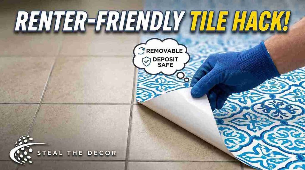 DIY tools layout showing how to apply vinyl floor stickers in a rental bathroom floor.