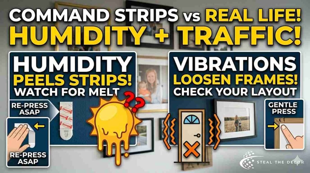 Humidity-damaged Command Strip peeling from wall corner — what to avoid with peel and stick technology in summer