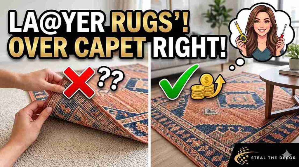 Stained builder-grade rental carpet showing matted high-traffic paths before adding a rug.