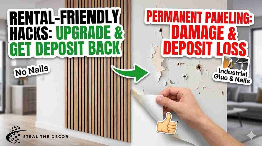 Comparison of a textured landlord beige wall before and after installing temporary wall paneling.