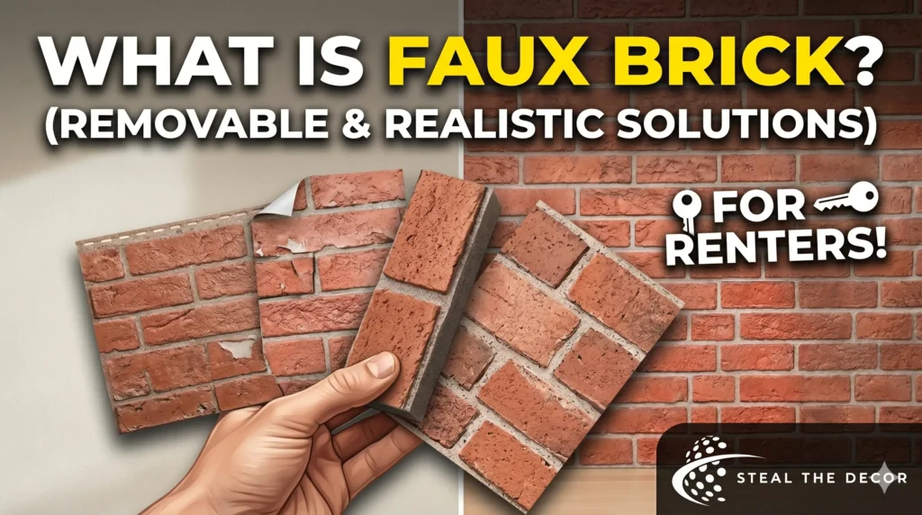 Plastic smoothing tool being used to remove air bubbles from faux brick wallpaper