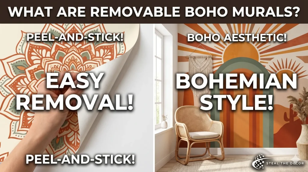 RoomMates Decor terracotta and navy medallion removable Boho mural on a bedroom accent wall