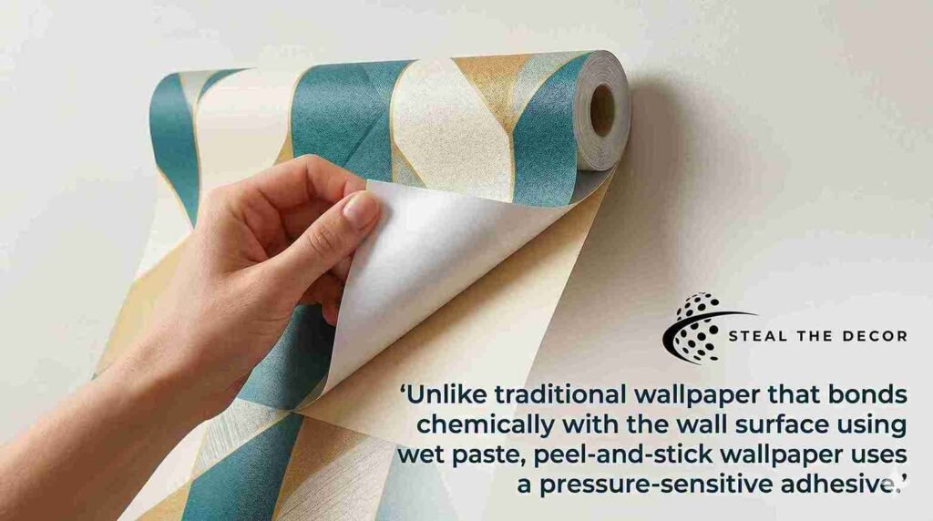 Close-up of a hand peeling the backing of a high-quality peel-and-stick wallpaper roll, demonstrating its pressure-sensitive adhesive.