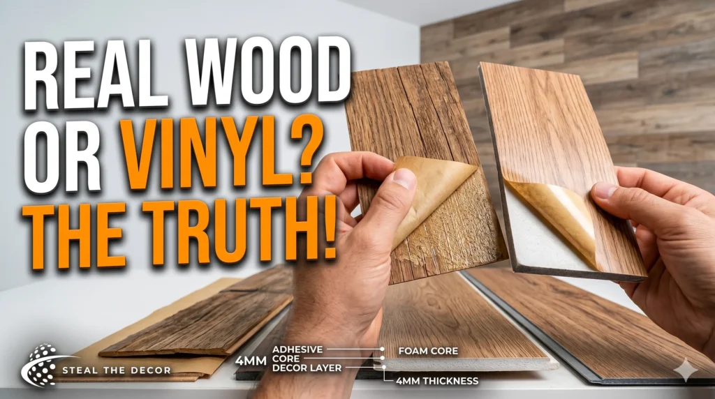 Rental friendly bedroom transformation before and after using peel-and-stick wood planks.