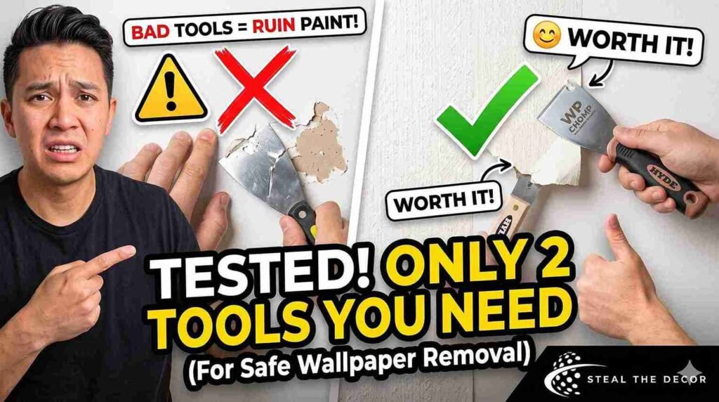 A flat lay of essential tools including a WP Chomp wallpaper scraper, a 6-in-1 painter's tool, and a spray bottle on a drop cloth.