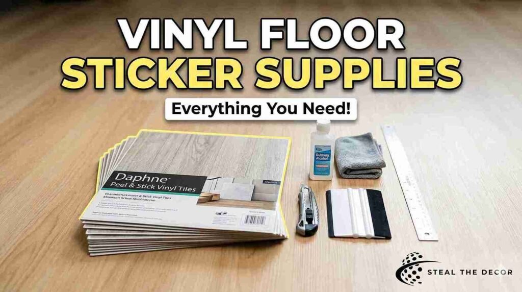 Steal The Decor guide on how to apply vinyl floor stickers in a rental bathroom without damage.