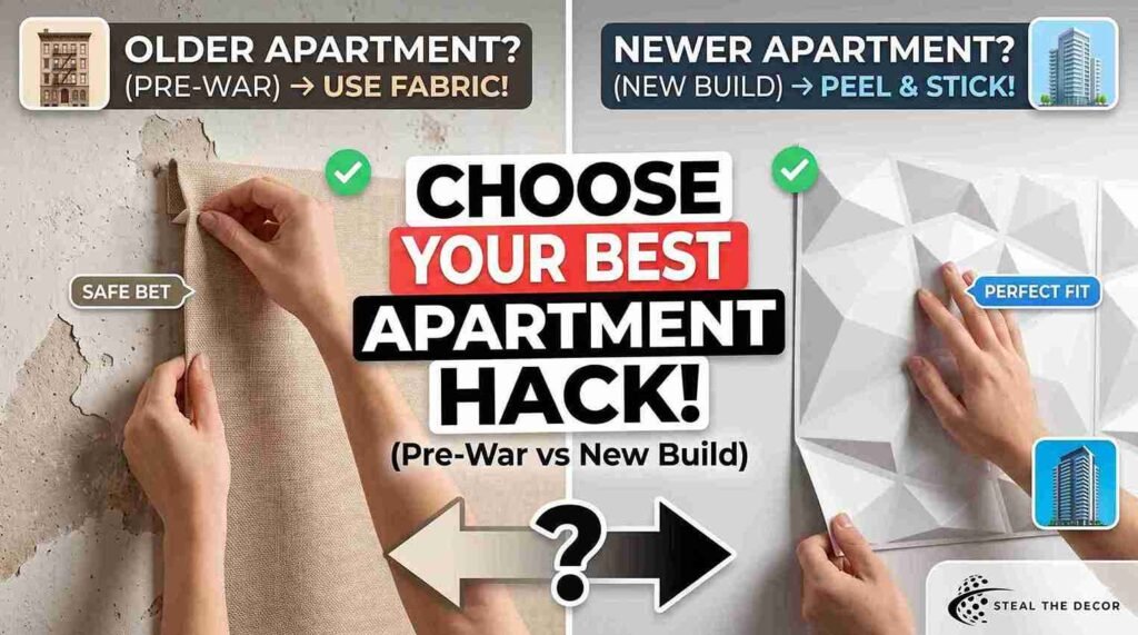 A beautifully styled renter-friendly apartment living room showing damage-free wall decor.