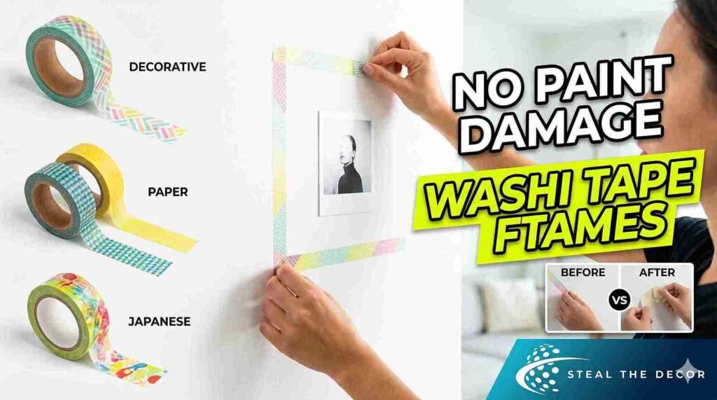 Essential tools and rolls of black and gold washi tape to create faux wall frames on a budget.