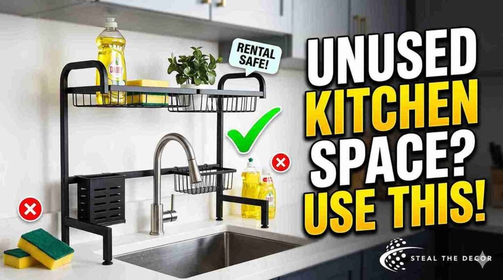 no drill over-the-sink storage ideas with suction cup and freestanding caddy