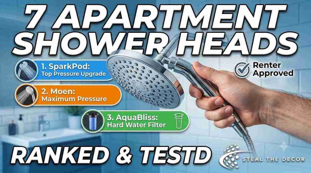 A modern stainless steel handheld shower head for apartments installed in a rental bathroom.