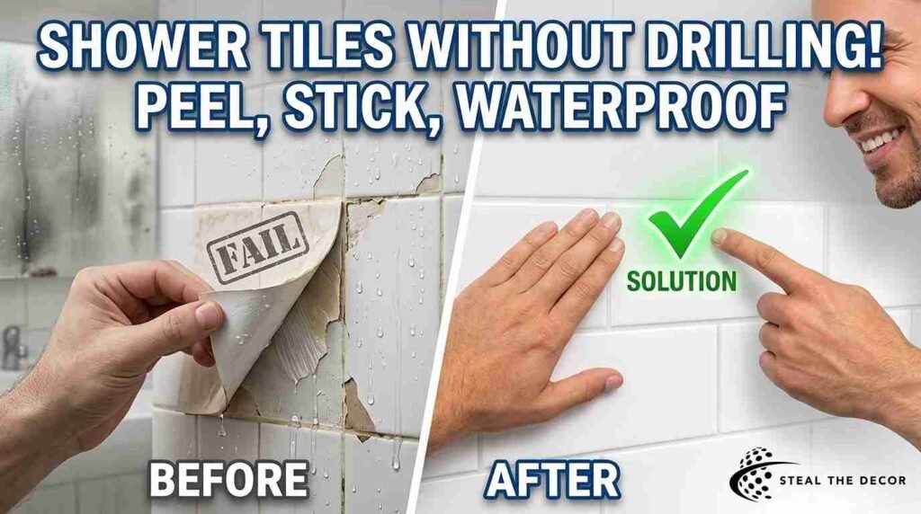 Before and after waterproof peel-and-stick tiles for showers installation in rental apartment