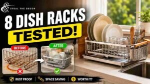 Stainless steel aesthetic dish rack sitting on a modern kitchen counter with dried dishes