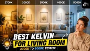 Warm white LED bulb in a living room lamp showing the best Kelvin for living room cozy lighting at 2700K